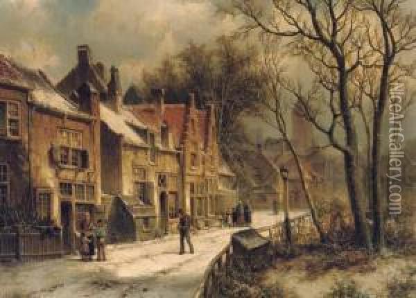 Villagers In A Snow-covered Dutch Town Oil Painting - Willem Koekkoek