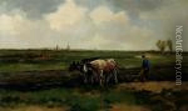 A Farmer Ploughing In A Landscape Oil Painting - Willem George Fred. Jansen