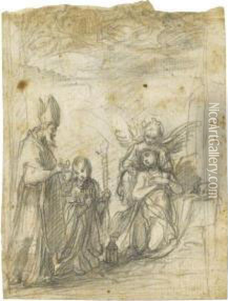 A Bishop Saint Before A Female Saint, Possibly Saint Catherineof Siena, Supported By An Angel Oil Painting - Francesco Vanni