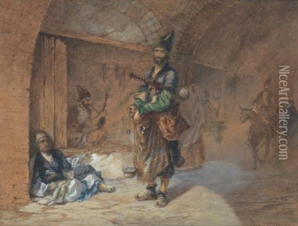 Scene De Rue Animee En Orient Oil Painting - Eugene Napoleon Flandin