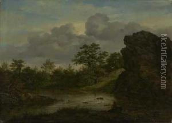 Felsvorsprung Mit Teich Und Rastendem Reisigsammler Oil Painting - Carl Morgenstern