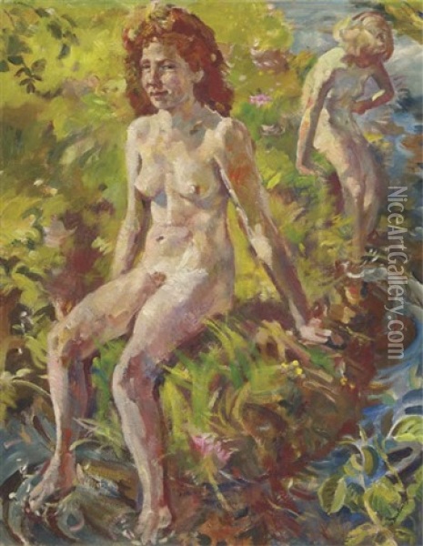 Girls Bathing In The River Aa Oil Painting - Erasmus Bernhard Van Dulmen Krumpelman