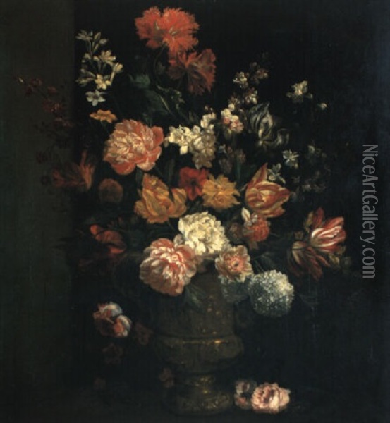 Tulips And Other Flowers In A Sculpted Urn Oil Painting - Jean-Baptiste Monnoyer