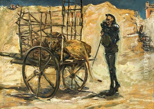 Don Quichote Vor Einem Vergitterten Holzkarren, In Dem Ein Lowe Liegt Oil Painting - Max Slevogt