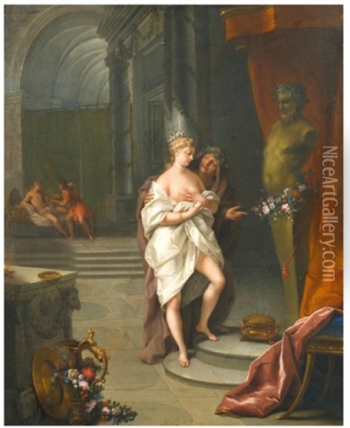 Jeune Fille Amenee Devant La Statue De Bacchus Oil Painting - Jean Raoux