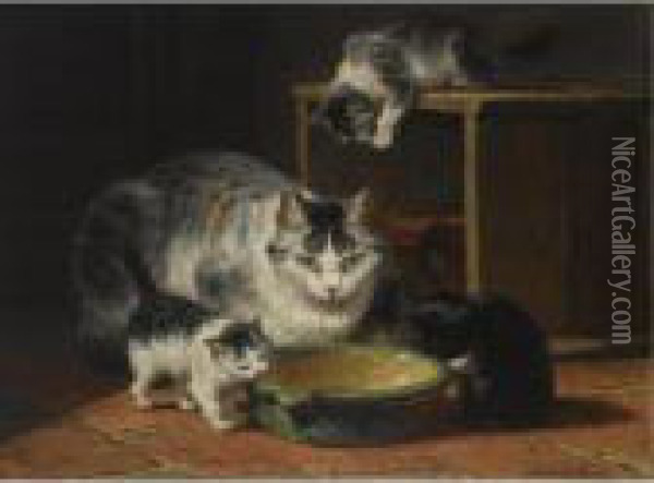 A Mother Cat And Her Kittens In A Kitchen Interior Oil Painting - Henriette Ronner-Knip