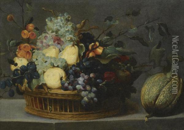 A Still Life With Pears, Grapes 
And Apricots In A Basket And A Watermelon On A Stone Ledge Oil Painting - Frans Snyders