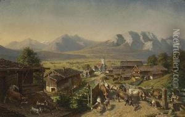 Almauftrieb. Oil Painting - Ernst Adolf Meissner