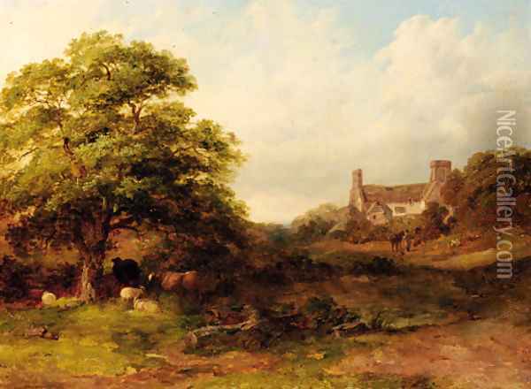 Cattle and sheep in a wooded landscape with a cottage beyond Oil Painting - John Dearman