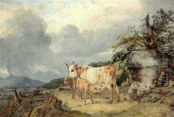 Kuh Mit Ihren Kalbchen Vor Einer Berglandschaft Oil Painting - Johann Michael (Volz) Voltz