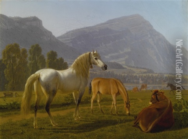 Alpine Landscape With Horses Oil Painting - Johann Jakob Biedermann
