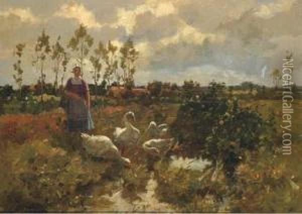 Minding The Geese Oil Painting - Cornelis Koppenol