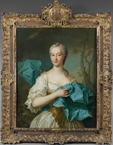 Portrait De Femme Dans Un Grand Drape Bleu Sur Fond De Paysage Oil Painting - Jean Marc Nattier