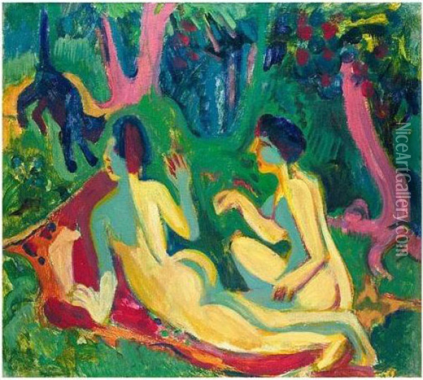 Akte Im Wald Mit Katze (nudes In A Wood With Cat) Oil Painting - Ernst Ludwig Kirchner