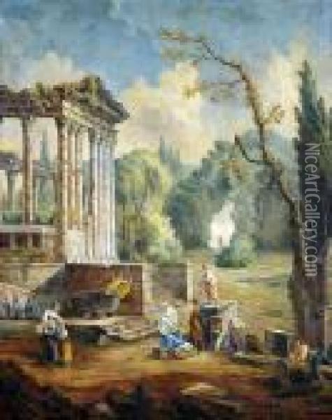 Landscape With A Temple Ruin And Staffage Figures. Oil Painting - Hubert Robert