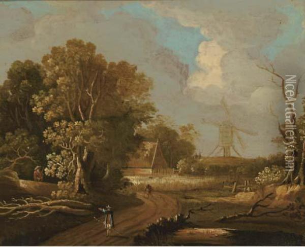 A Wooded Landscape With A 
Shepherd In The Foreground; And A Woodedlandscape With Travellers On A 
Track, A Windmill Beyond Oil Painting - Joseph van Bredael