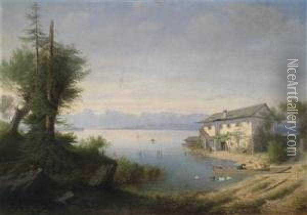 Large Landscapewith Lake Oil Painting - Carl Von Kratzer