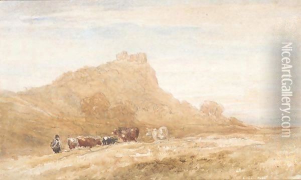 Harlech Castle With A Herdsmen And Cattle In The Foreground Oil Painting - David Cox