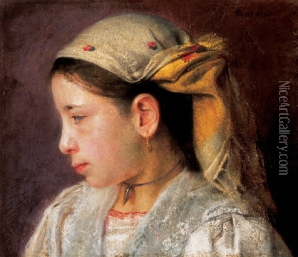 Young Girl With A Scarf Oil Painting - Adolf Fenyes