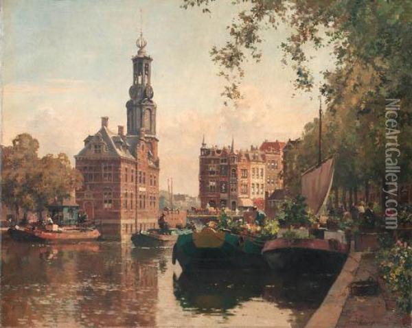 The Flowermarket On The Singel, Amsterdam, With The Munttorenbeyond Oil Painting - Cornelis Vreedenburgh