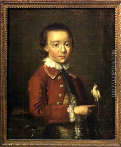 Boy In A Red Waistcoat And Holding A White Cockatoo Oil Painting - John Wollaston