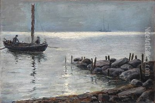 Early Morning With Two Fishermen On The Way Out Oil Painting - Carl Ludvig Thilson Locher