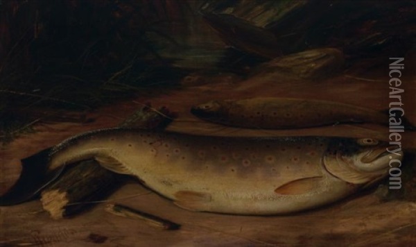 Trout On A River Bank Oil Painting - William Geddes