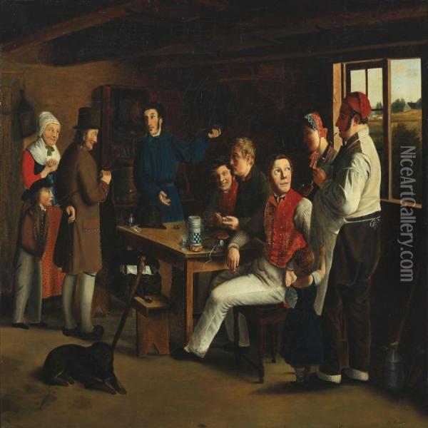 A Magician In A Pub Oil Painting - Christian Andreas Schleisner