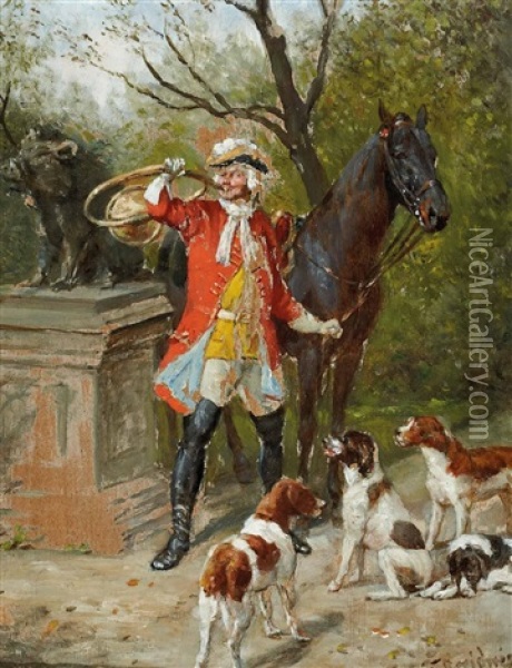 Postillion Mit Pferd Und Hunden Oil Painting - Theodor Breitwieser
