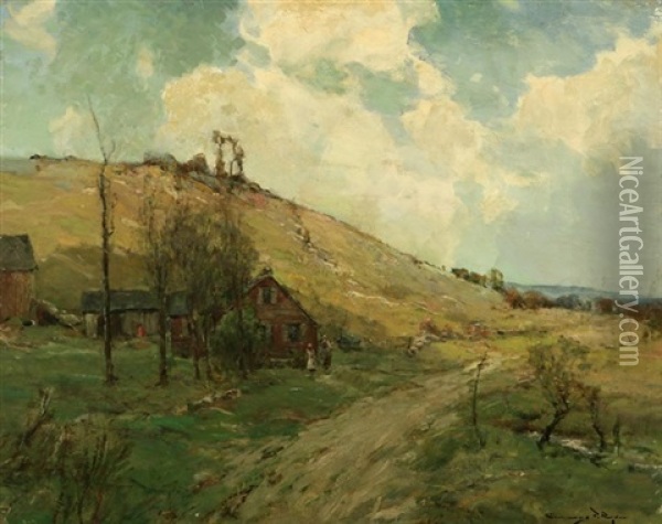 Snug Hill, House And Figures In Foothill Landscape Oil Painting - Chauncey Foster Ryder