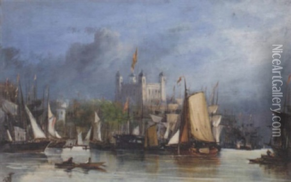Shipping On The Thames Before The Tower Of London Oil Painting - George William Crawford Chambers