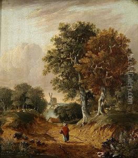 Figure On A Path With Mill Beyond Oil Painting - Henry Ladbrooke
