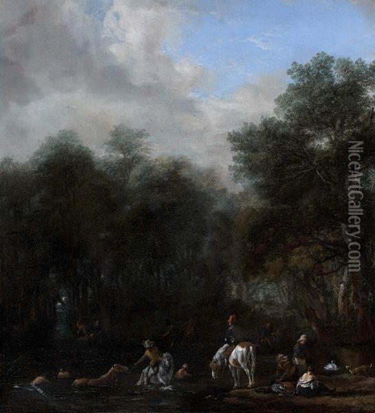 Pecheurs Et Cavaliers Se Baignant Dans Un Lac En Bordure De Foret Oil Painting - Pieter Wouwermans or Wouwerman