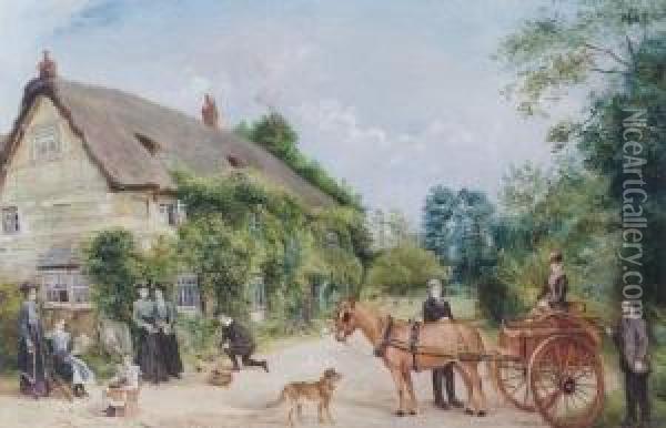 A Pony And Trap In Front Of Cottages Oil Painting - Edwin Frederick Holt
