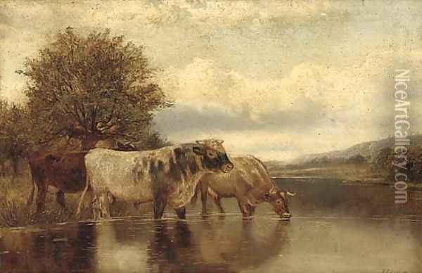 Cattle watering in a lake landscape Oil Painting - William Vivian Tippet