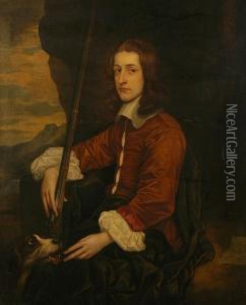 A Portrait Of Francis Potts 
Seated Half Length With His Gun And Hound, A Landscape Beyond Oil Painting - Adriaen Hanneman