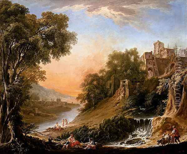 Figures Resting On The Banks Of A River, A Waterfall In The Foreground Oil Painting - Nicolas-Jacques Juliard