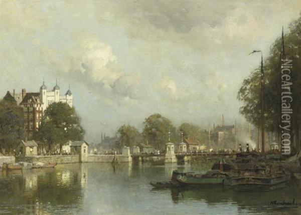 A View Of The Vierleeuwenbrug In Summer, Rotterdam Oil Painting - Johannes Christiaan Karel Klinkenberg