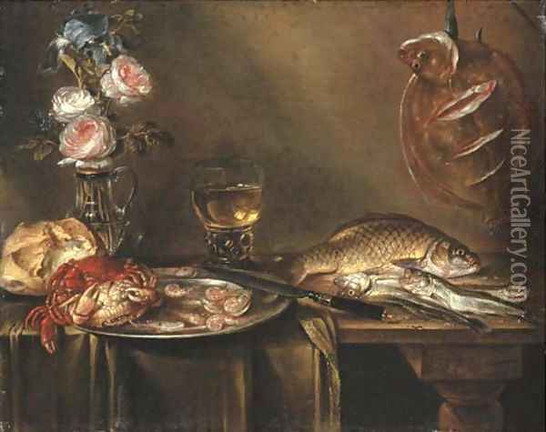 Roses and an iris in a glass vase, crabs and prawns on a pewter platter, a bread roll, a roemer and fish on a partly draped table Oil Painting - Alexander Adriaenssen