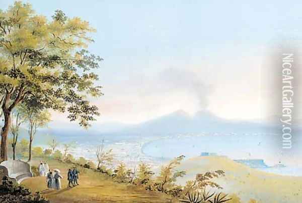 Figures overlooking the bay of Naples, Vesuvius beyond Oil Painting - Neapolitan School