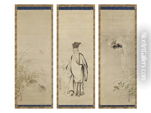Pheasant / Figure / Quail (triptych) Oil Painting - Tsunenobu Kano