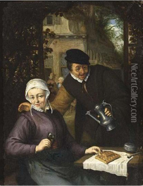 A Man Holding A Jug And A Woman Drinking Wine And Eating Waffles Oil Painting - Isaack Jansz. van Ostade