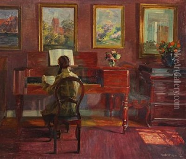 Interior With A Girl Playing The Piano Oil Painting - Robert Panitzsch