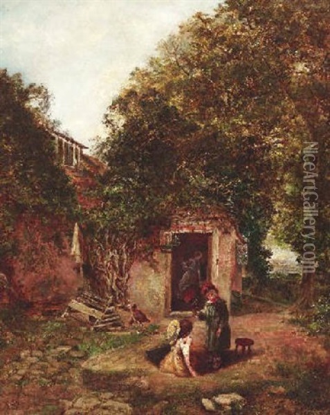 Spielende Kinder Vor Einem Englischen Cottage Oil Painting - George Cole