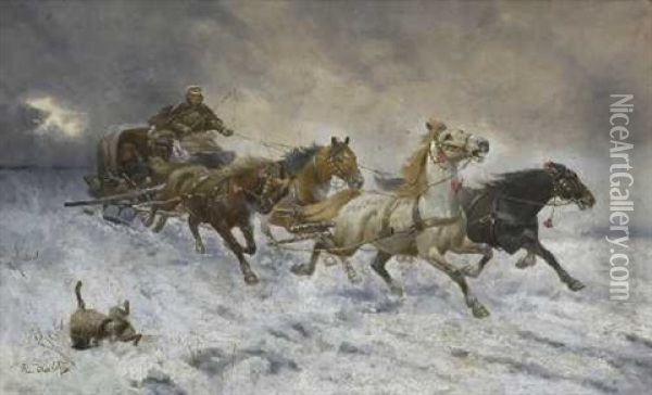 Pferdeschlitten Mit Jager In Winterlanschaft Oil Painting - Adolf (Constantin) Baumgartner-Stoiloff