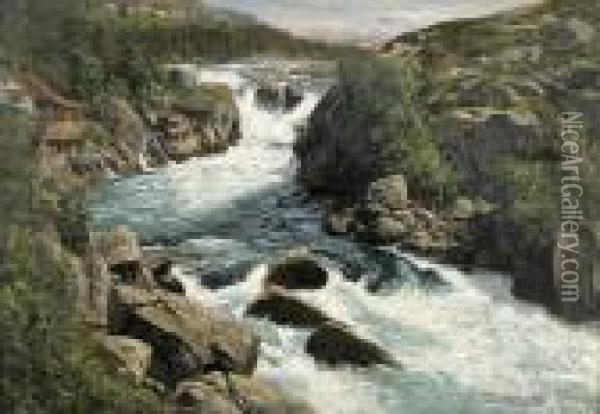Norwegische Landschaft Mit Wasserfallen Und Hausern Oil Painting - Themistocles Von Eckenbrecher