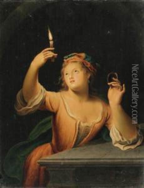A Girl, Three-quarter-length, Holding A Candle And A Mirror,leaning On A Marble Ledge Oil Painting - Gerard Wigmana