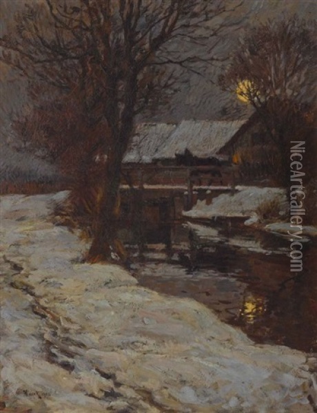 Winterliches Bauerngehoft Im Mondschein Oil Painting - Hans von Hayek