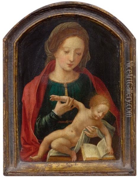 Madonna With The Infant Jesus Reading From A Book Oil Painting -  Master of the Female Half Lengths