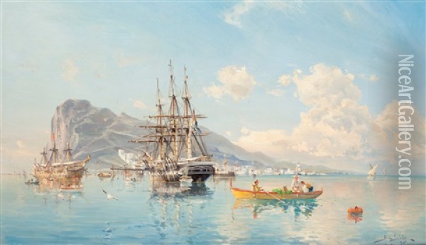 Svensk Orlogsfregatt Pa Gibraltars Redd Oil Painting - Herman Gustav af Sillen